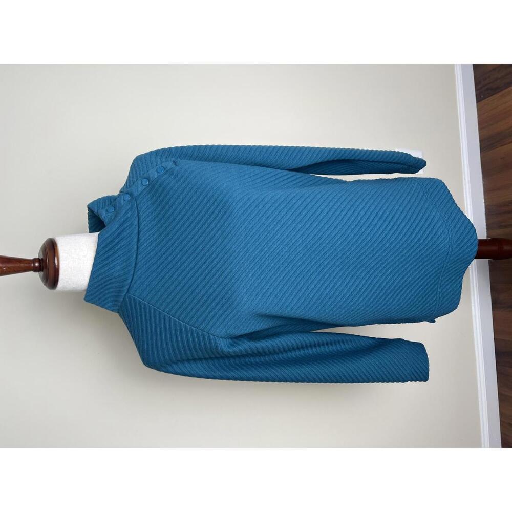 Teal Ribbed Asymmetrical Button Mock Neck Sweater Small Cozy Stretch Knit